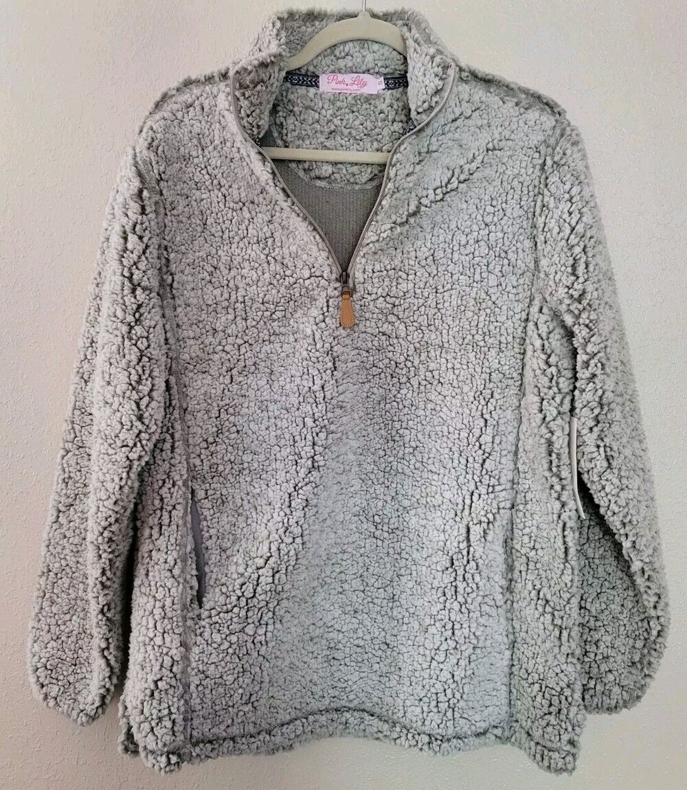 NWT Pink Lilly Light Grey Super Soft And Cozy Sherpa 1/4 Zip Pullover Size Small